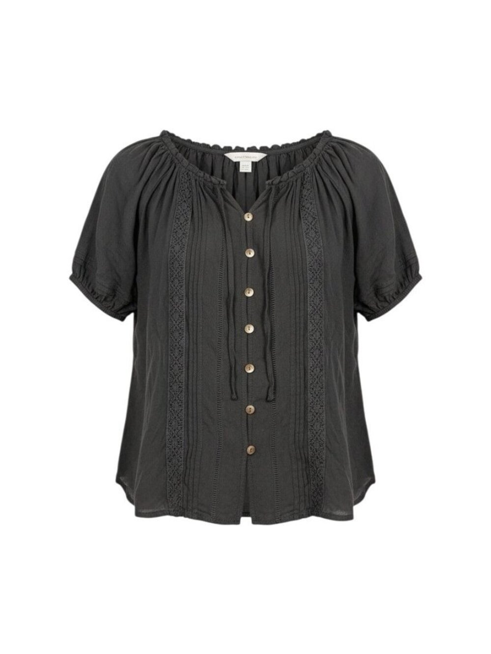 Rockmans Black Button-Up Short-Sleeve Blouse Lace Trim 14